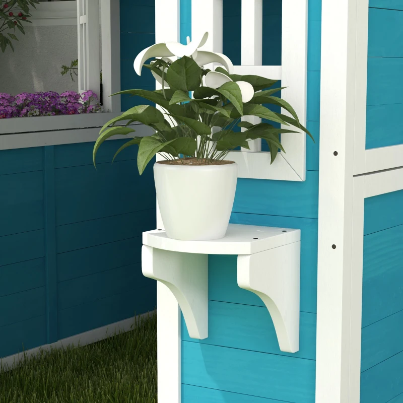 Outsunny Căsuță de Joacă din Lemn cu Uși, Ferestre, Ghivece și Jardiniere pentru Copii 3-8 Ani, Maro Închis