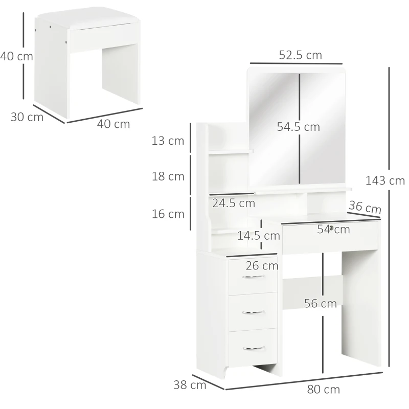 HOMCOM Masă de machiaj cu oglindă, scaun, sertare și rafturi alb