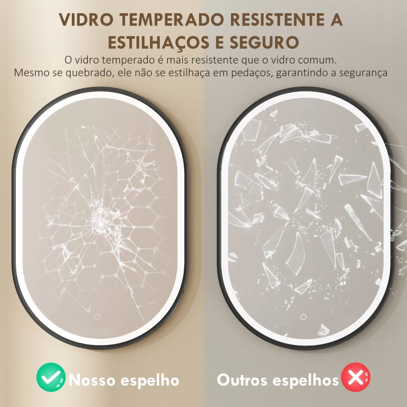 HOMCOM Espelho de Casa de Banho com Luz 60x90 cm Espelho de Parede Oval 3 Cores de Luz Brilho Regulável Função Antiembaçiamento Memória Preto