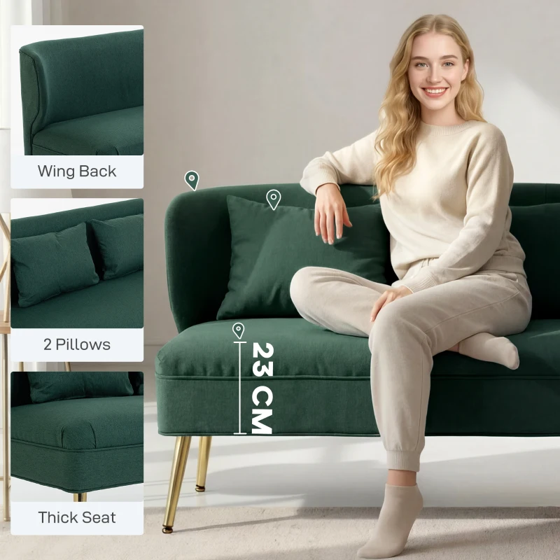 HOMCOM 2 Seater Sofa, Linen-look Fabric Small Sofa with Wing Back, Thick Seat, Metal Legs, Dark Green