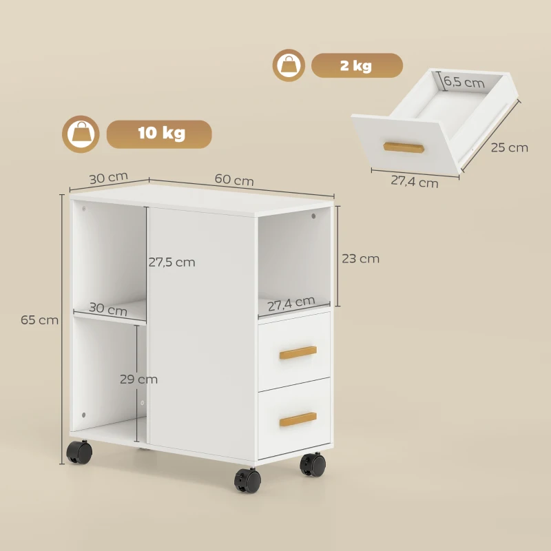 HOMCOM Printerstandaard met verstelbare plank en wielen voor fax/scanner, 60 x 30 x 65 cm, Wit