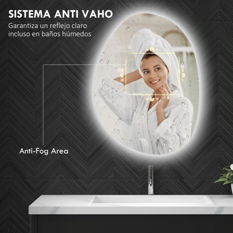 HOMCOM Espejo de Baño con Luz LED 80x60 cm 3 Colores de Luz Brillo Regulable Función Antivaho Función de Memoria IP44