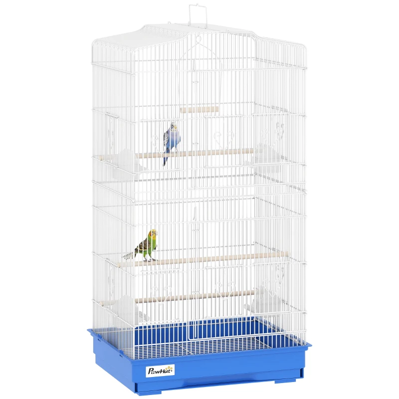PawHut Cage pour Oiseaux Volière Métallique avec 4 Mangeoires 3 Perchoirs Balançoire et Tiroir Amovible Poignée 46,5x35,5x92 cm Bleu