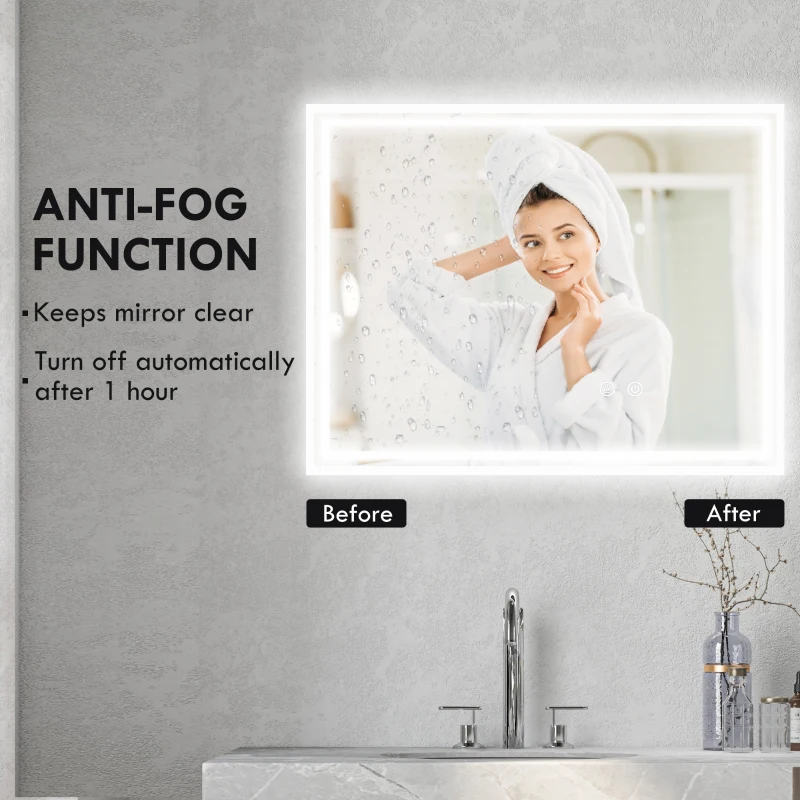 kleankin Large LED Bathroom Mirror, Illuminated Makeup Mirror, with 3 Colour, Smart Touch, Anti-Fog