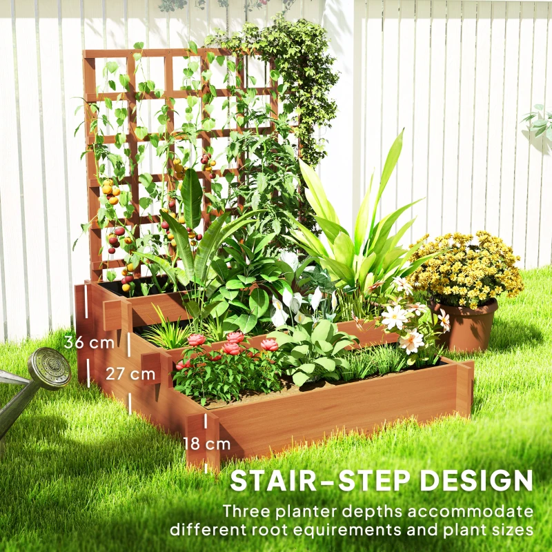 Outsunny 3 Tier Garden Planters with Trellis for Vine Climbing, Wooden Raised Beds, 95x95x110cm, Brown