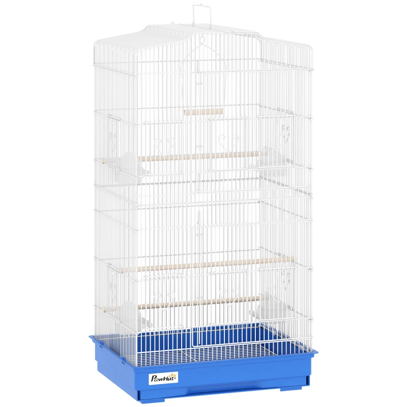 PawHut Cage pour Oiseaux Volière Métallique avec 4 Mangeoires 3 Perchoirs Balançoire et Tiroir Amovible Poignée 46,5x35,5x92 cm Bleu
