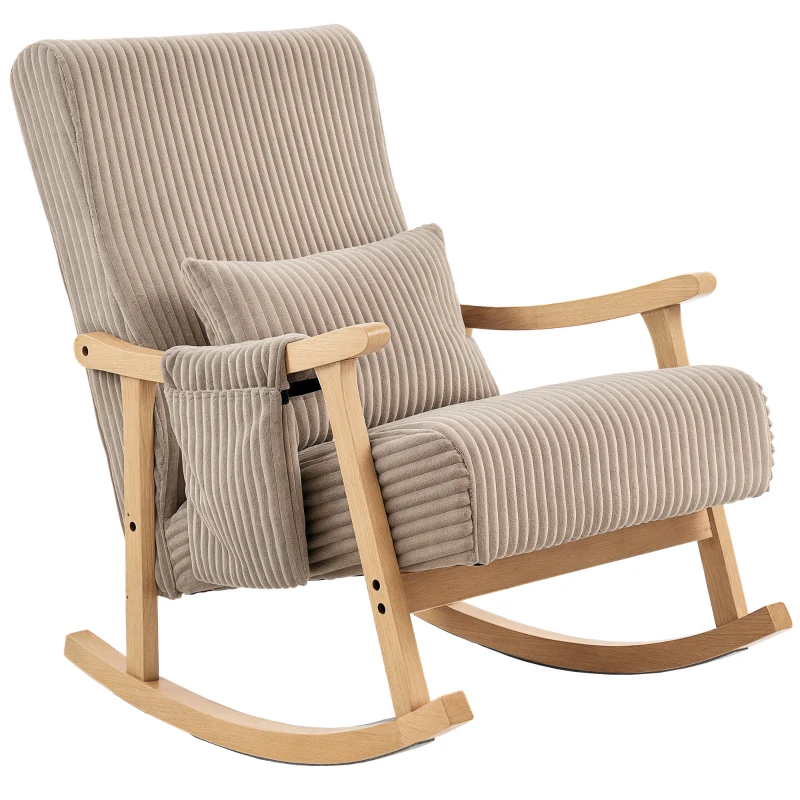 HOMCOM Silla Mecedora de Pana con Cojín Lumbar Patas y Reposabrazos de Madera de Caucho Bolsillo Estilo Moderno Marrón Claro