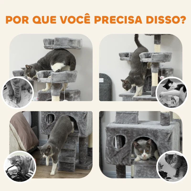 PawHut Arranhador para Gatos Arranhador de Gatos 153 cm com 2 Cavernas 3 Camas 2 Rampas Postes de Sisal e 2 Ratos Pendentes Cinzento