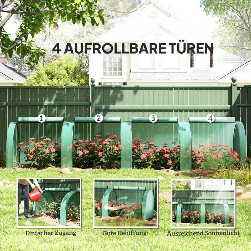 Outsunny Tunnelgewächshaus, 4 Fenster mit Reißverschluss, Stahlrahmen, robuste Plane, 395 x 100 x 80 cm, Grün