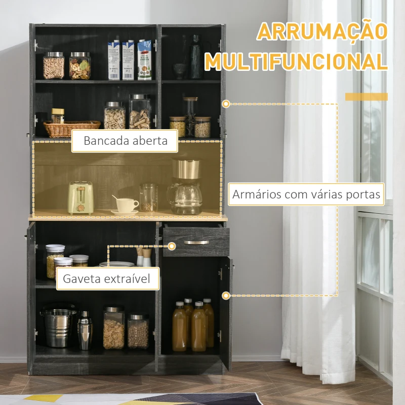 HOMCOM Armário de Cozinha Aparador de Sala de Jantar com 1 Gaveta 6 Portas e Prateleiras Ajustáveis Estilo Moderno 101x39x180 cm Preto e Madeira