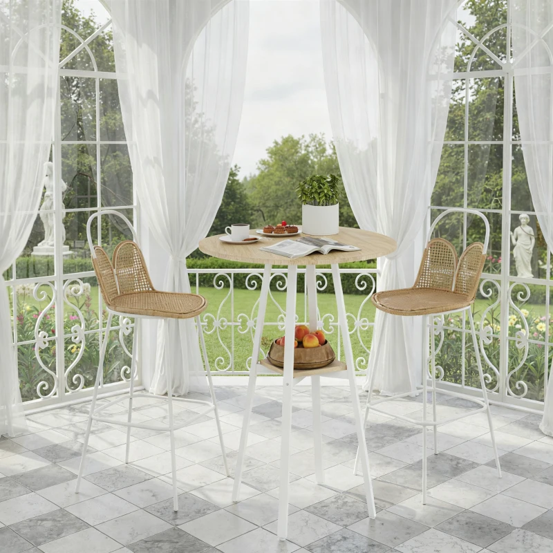 HOMCOM Mesa Alta de Cozinha Redonda com Prateleira de Armazenamento  para 2 Pessoas com Estrutura de Metal 55x55x95 cm Madeira e Branco