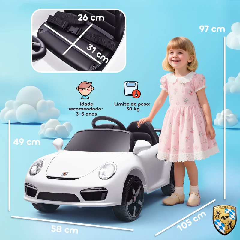 AIYAPLAY Carro Elétrico para Crianças de Polícia  12V com Motor Duplo Sirene Música Sem Fios Buzina Rodas Auxiliares e Faróis LED 105x58x49 cm Branco