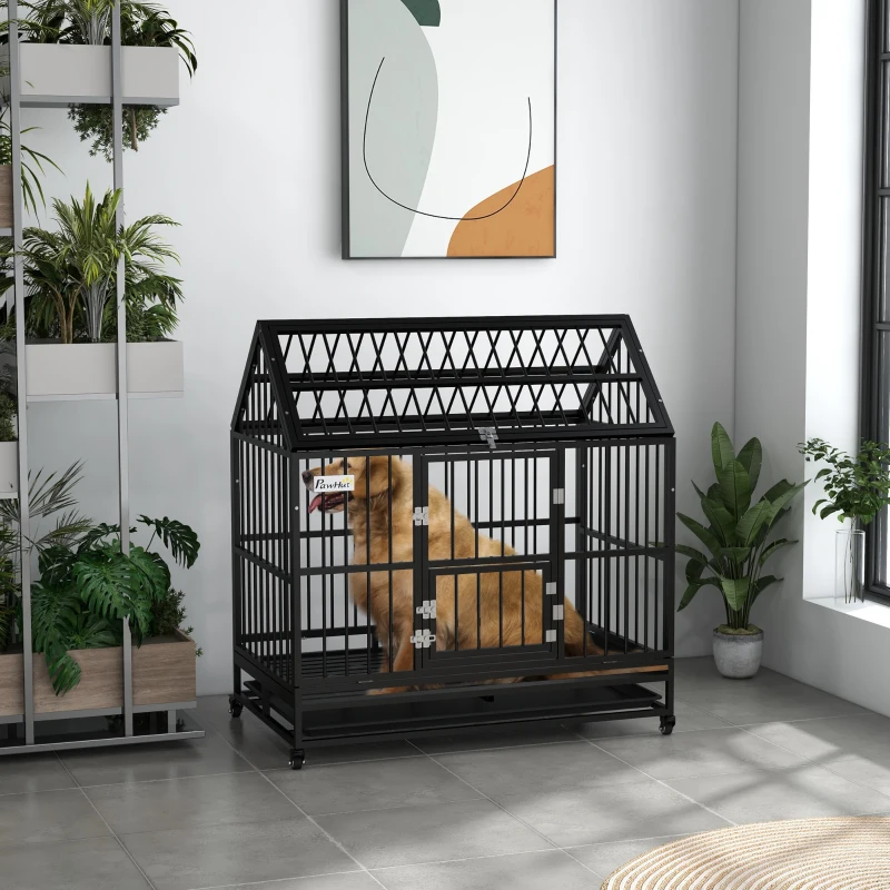 PawHut Cage pour chien cage de transport pour chien sur roulettes 2 portes verrouillables plateau amovible 123 x 74 x 125 cm