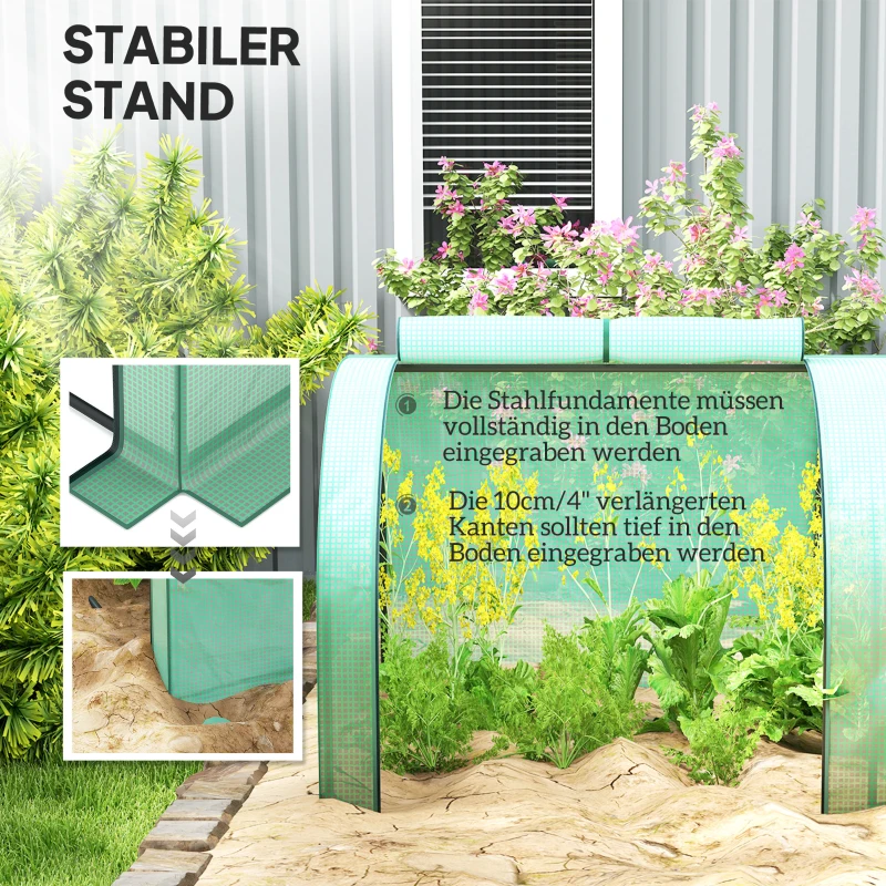 Outsunny Tunnelgewächshaus, 4 Fenster mit Reißverschluss, Stahlrahmen, robuste Plane, 395 x 100 x 80 cm, Grün