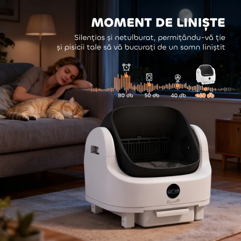 PawHut Ladă de Gunoi Autopropulsată pentru Pisici, Ladă Automată pentru Mai Multe Pisici, Design Deschis cu Senzori de Siguranță, Deodorant, Recipient Gunoi 8L, Saci de Gunoi, Silențioasă, pentru Pisici 1-5 kg