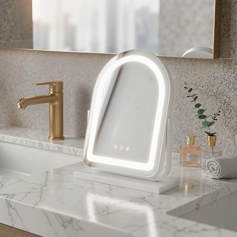 HOMCOM Espejo de Maquillaje con Luz LED Iluminación Ajustable Rotación Regulable de 360° y Control Táctil 33x12x44,5 cm Blanco