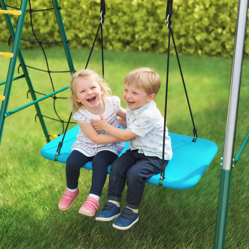 AIYAPLAY Estrutura de baloiço 5-em-1 com baloiço-ninho ajustável argolas de ginástica banco duplo estrutura de escalada para 3-8 anos 440x175x203 cm