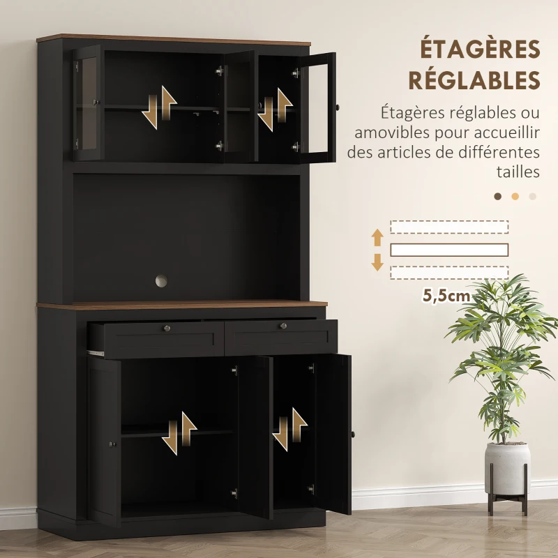 HOMCOM Buffet haut cuisine, armoire de cuisine, 6 portes, 2 tiroirs, plan de travail, étagères réglables, 100x40x180cm, noir(m-5)