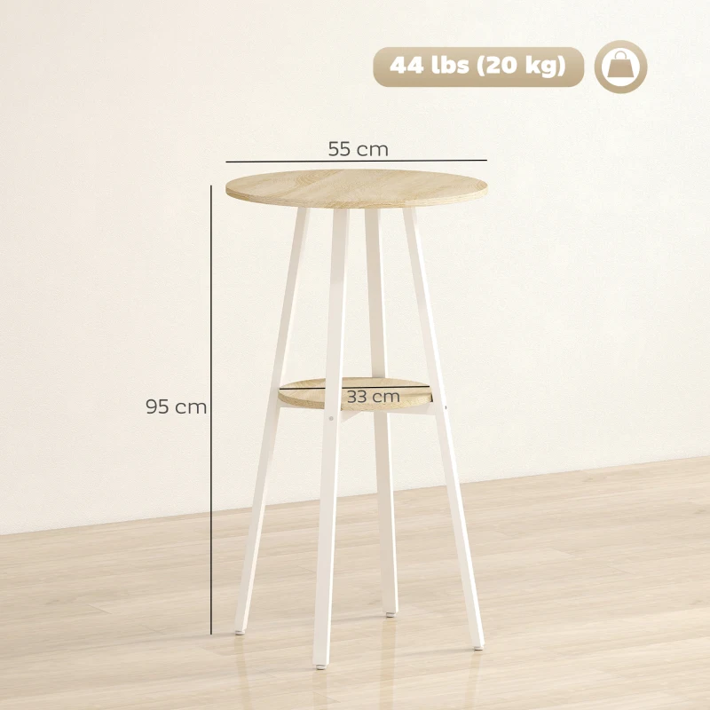 HOMCOM Mesa Alta de Cozinha Redonda com Prateleira de Armazenamento  para 2 Pessoas com Estrutura de Metal 55x55x95 cm Madeira e Branco