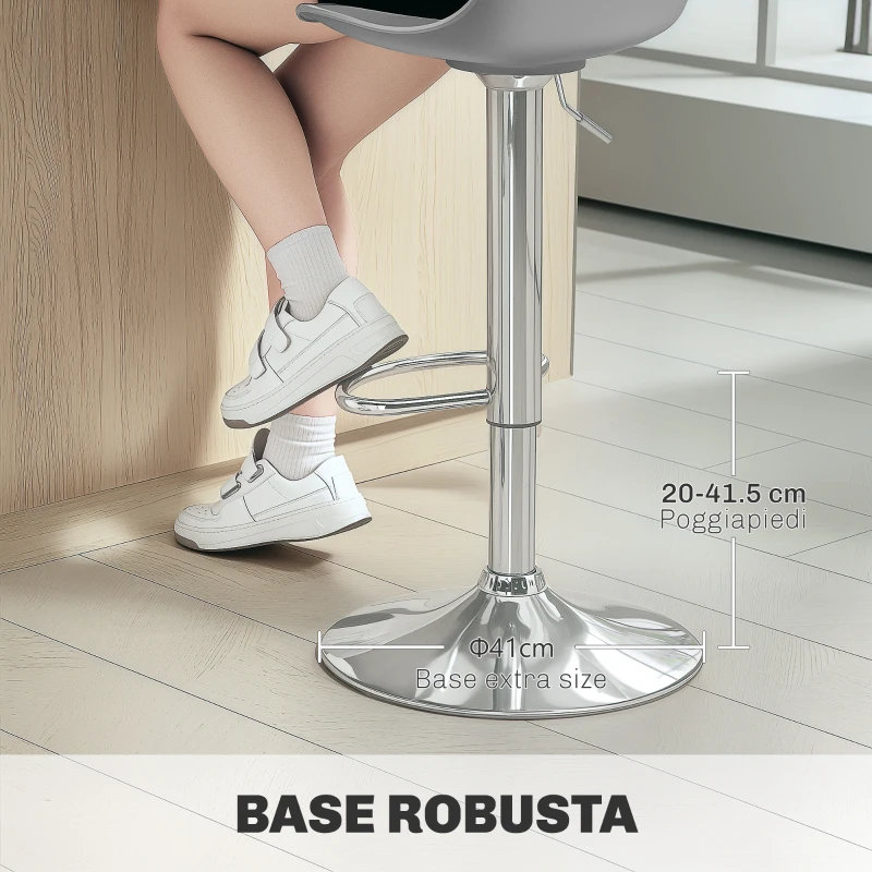 HOMCOM Set 2 Sgabelli Bar con Altezza Regolabile, Sgabelli Cucina Alti in PU con Schienale, Poggiapiedi e Seduta Morbida, Struttura in Acciaio, Sedie Bar Alte Girevoli a 360°, per Penisola, Grigio