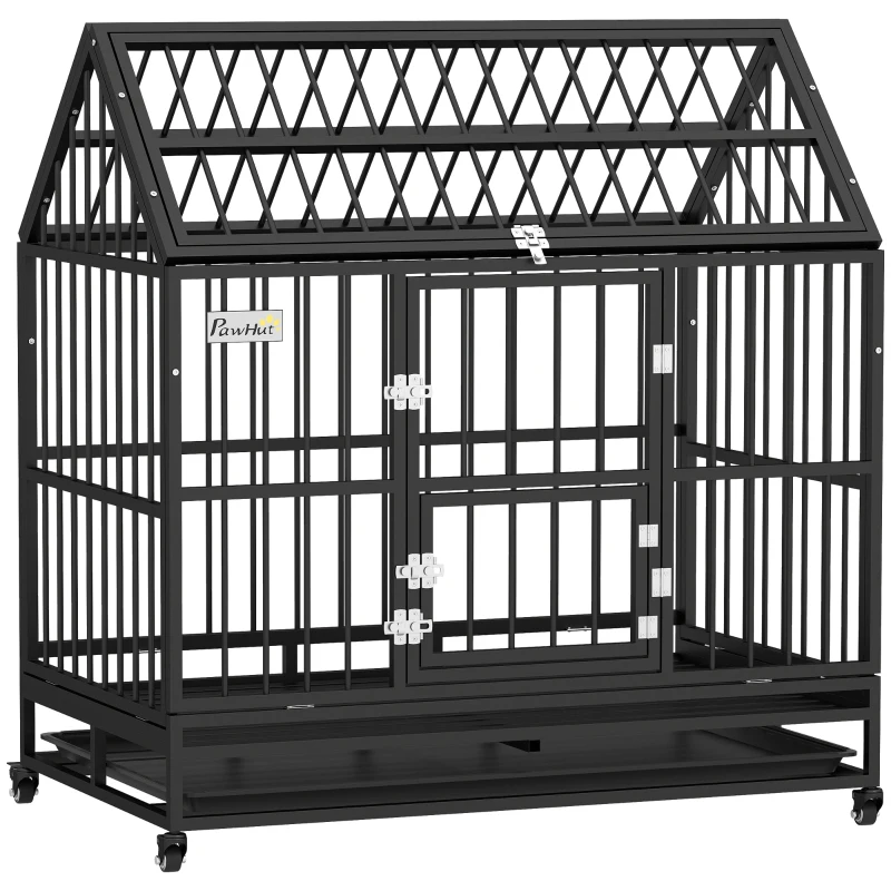 PawHut Cage pour chien cage de transport pour chien sur roulettes 2 portes verrouillables plateau amovible 123 x 74 x 125 cm