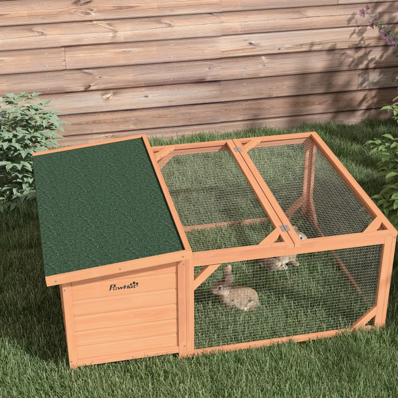 PawHut Clapier d'extérieur, cage lapin avec enclos, toit en asphalte, cadre en bois, 125,5 x 100 x 49 cm, orange