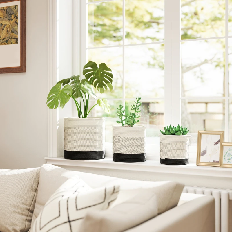 Outsunny Plant Pots Handwoven Cotton Indoor Planters with Waterproof Liner Set of 3 White