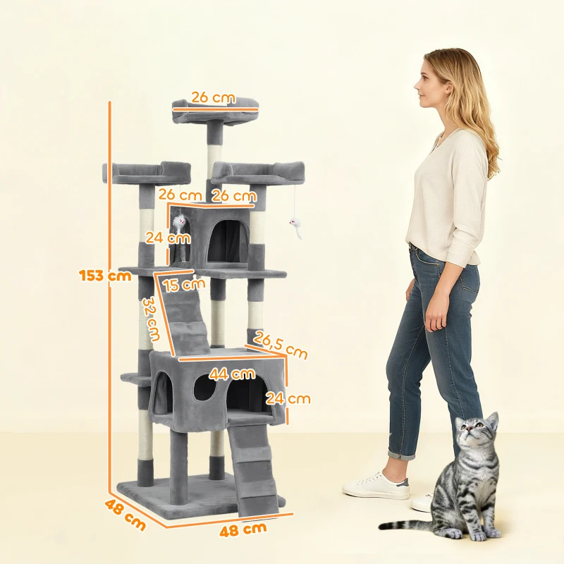 PawHut Arranhador para Gatos Arranhador de Gatos 153 cm com 2 Cavernas 3 Camas 2 Rampas Postes de Sisal e 2 Ratos Pendentes Cinzento
