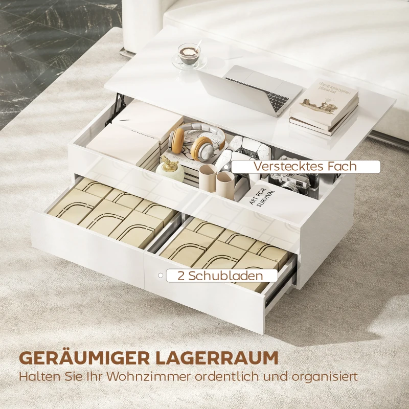 HOMCOM Hoogteverstelbare salontafel, moderne woonkamertafel met verborgen opbergruimte en 2 lades, hoogglans wit
