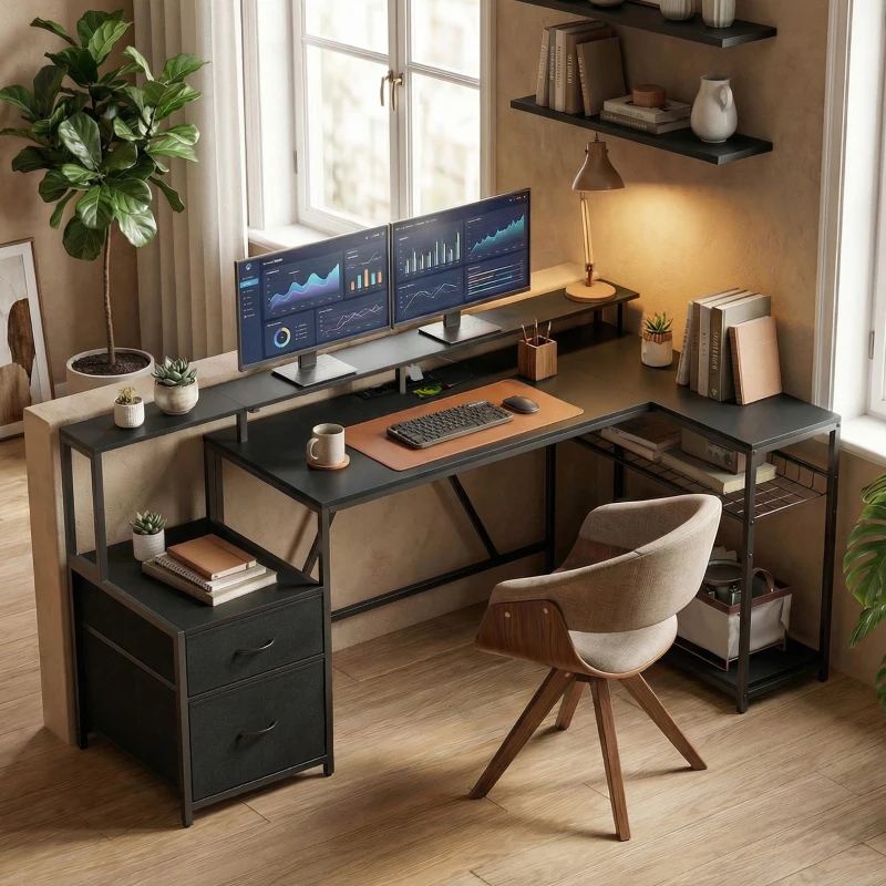 HOMCOM Eck-Gaming-Schreibtisch mit Lade-Hub, LED-Leuchten und Monitorhalter, aus Holz und Stahl, 192.5x80x86.5 cm, Schwarz