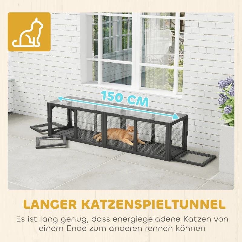PawHut Katzentunnel Katzenspielzeug aus Holz mit 3 Türen, erweiterbar Spieltunnel für Katzen bis 10 kg, 151,5 x 38,5 cm Grau