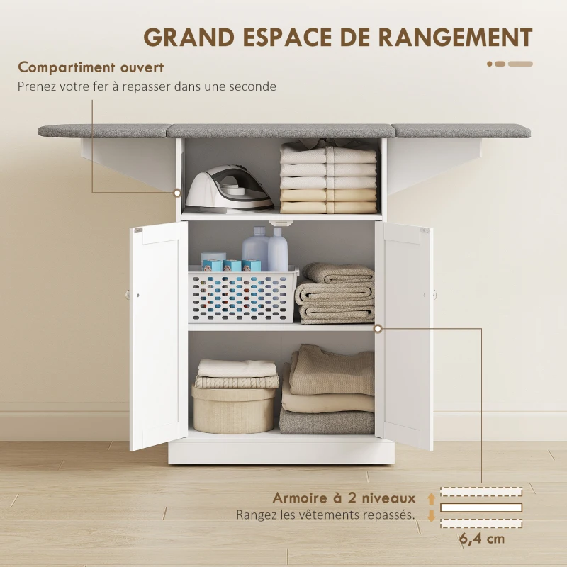 HOMCOM Armoire à repasser sur roulettes, table à repasser avec plateau repassable et pliable, 131 x 37 x 89,5 cm, blanc