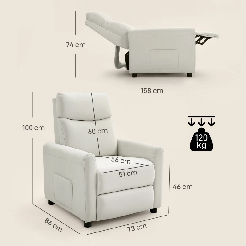 HOMCOM Fotoliu Reclinabil 135° max în Material cu Efect de In, Spumă, Oțel și Lemn, 73x86x100 cm, Crem