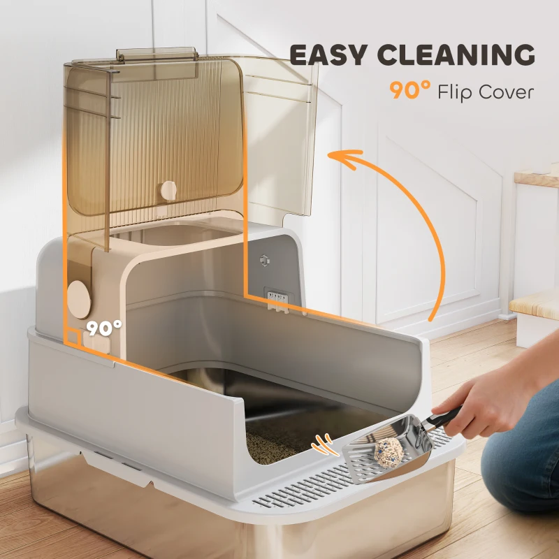 PawHut XXL Stainless Steel Cat Litter Tray, Enclosed Cat Litter Box with 90° Flip Cover, Double Doors, Scoop, Easy Clean, Grey