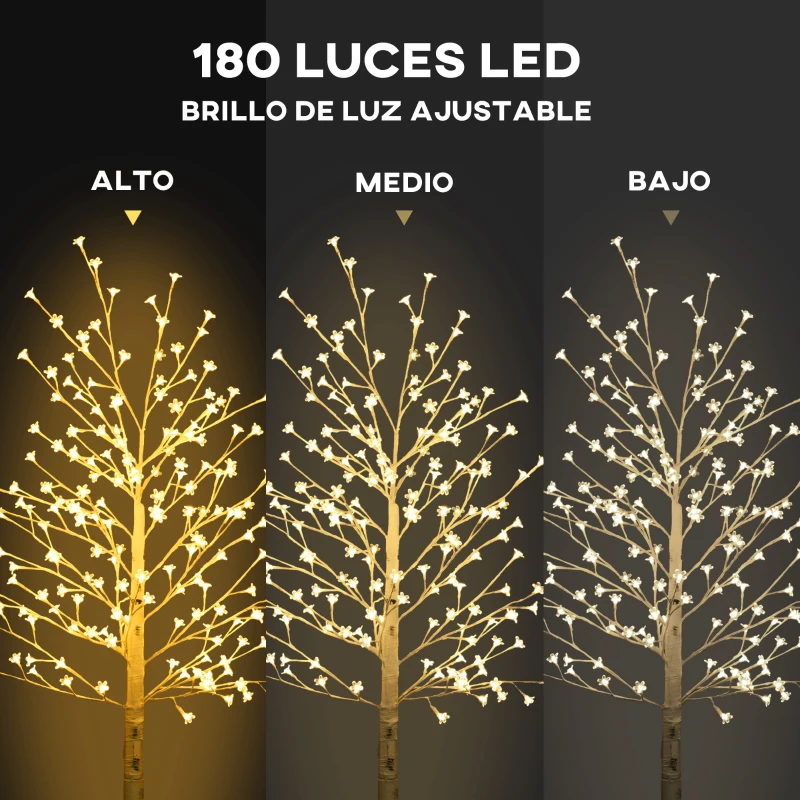 HOMCOM Árbol Sintético con 180 Luces LED IP44 con Brillo Ajustable Decoración para Interiores  21,5x21,5x180 cm  Blanco