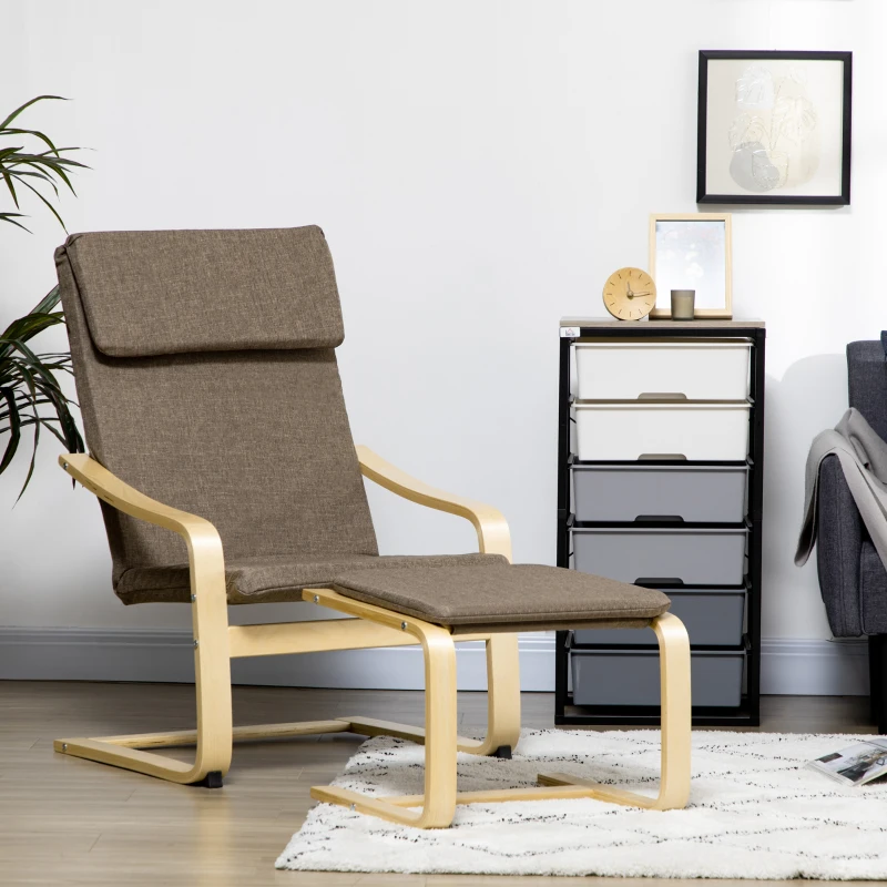 HOMCOM Fauteuil met voetenbank, fauteuilset, linnenlook, massief hout, bruin + naturel(m-10)