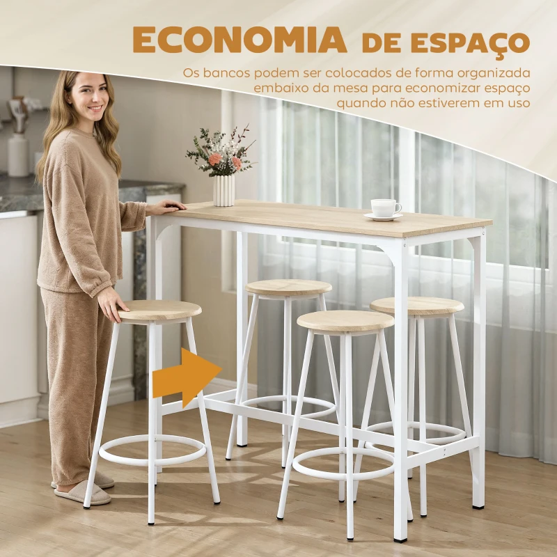HOMCOM Conjunto de Móveis Altos de Bar com 5 Peças Mesa de Refeição Industrial e 4 Bancos Redondos Madeira e Branco