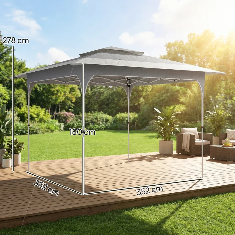 Outsunny Gazebo 3.5 x 3.5 m Waterproof Height-Adjustable Pop-up Folding Gazebo with One-Button Setup Double Roof, UV 50+