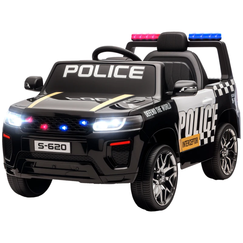 AIYAPLAY Carro Elétrico para Crianças de Polícia 12V com Motor Duplo Suspensão em 4 Rodas Sirene Faróis LED Porta USB Bluetooth e Música Preto