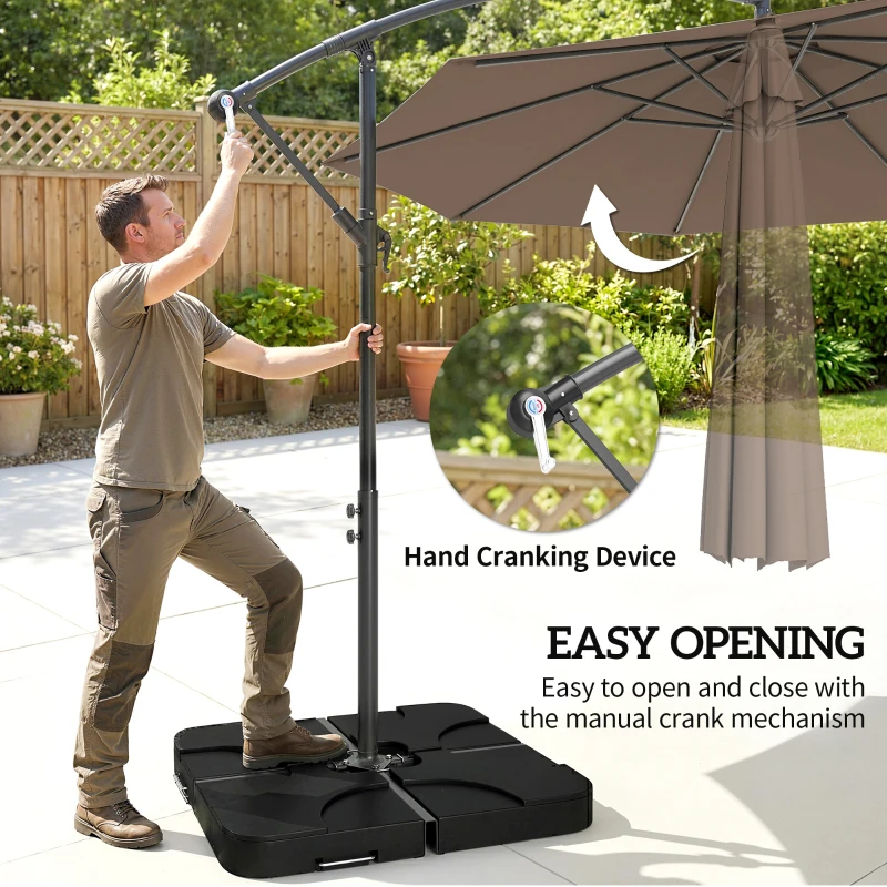 Outsunny 3(m) Garden Banana Parasol Cantilever Umbrella with Crank Handle, Cross Base, Weights and Cover for Outdoor, Hanging Sun Shade, Coffee