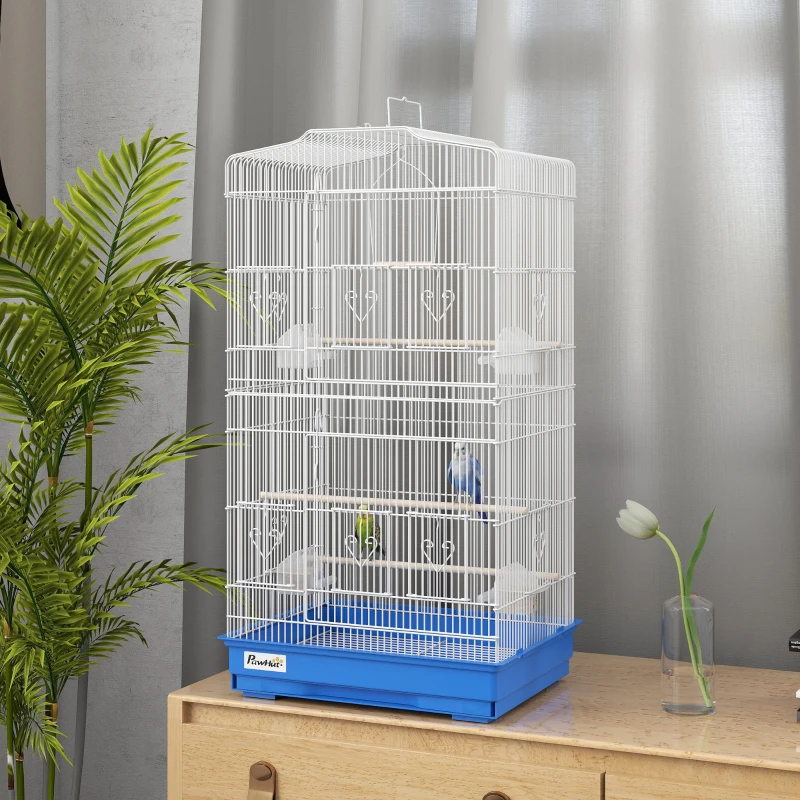 PawHut Cage pour Oiseaux Volière Métallique avec 4 Mangeoires 3 Perchoirs Balançoire et Tiroir Amovible Poignée 46,5x35,5x92 cm Bleu
