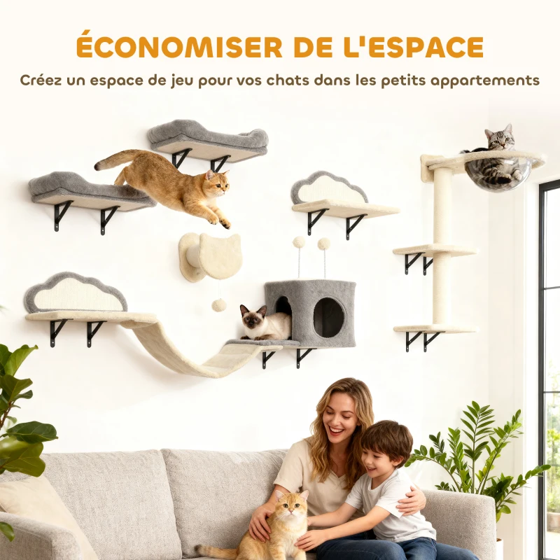 PawHut Étagères murales pour chat ensemble de meubles muraux 6 pièces hamac à bulles en acrylique niche hamac échelle beige