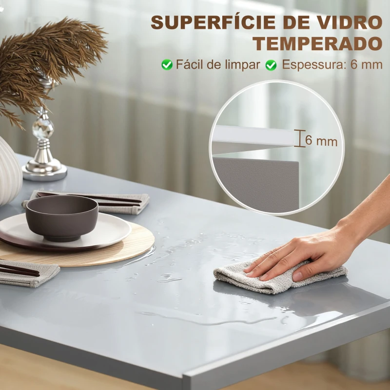 HOMCOM Mesa de Refeição de Cristal Mesa Retangular para 4-6 pessoas com Pés de Metal Multifuncional 120x60x75 cm Cinza