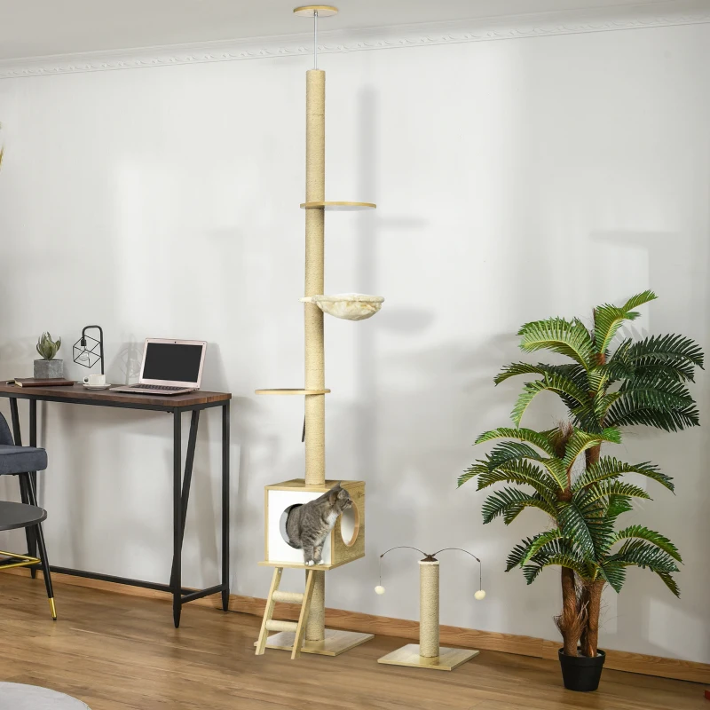 PawHut Arbre à chat sol au plafond hauteur réglable 225-285 cm avec poteau à gratter 4 niveaux niche hamac échelle jeux beige