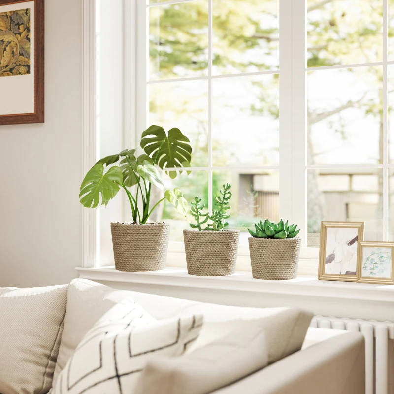 Outsunny Seagrass Planters Set of 3 Plant Pots for Indoor Outdoor Patio Balcony Natural