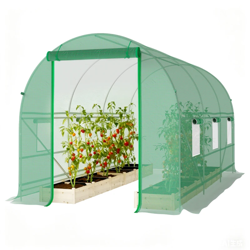 Outsunny Serre tunnel de jardin 8 m², serre de jardin tunnel avec porte et 6 fenêtres, bâche PE 140 g/m² 400 x 200 x 200 cm vert