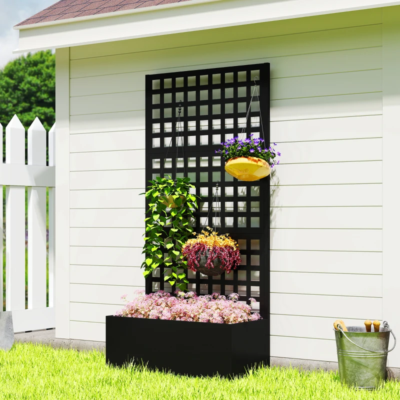 Outsunny Jardinière avec treillis, brise-vue, lit surélevé de jardin acier galvanisée, pour plantes grimpantes, 89x40x178cm, noir