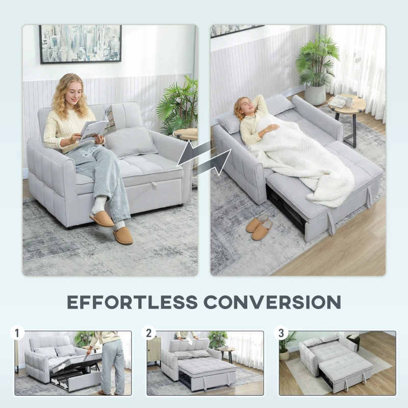 HOMCOM 2 Seater Sofa Bed, 3-in-1 Convertible Sleeper Sofa with Click-clack Adjustable Backrest and 2 Pillows, Light Grey