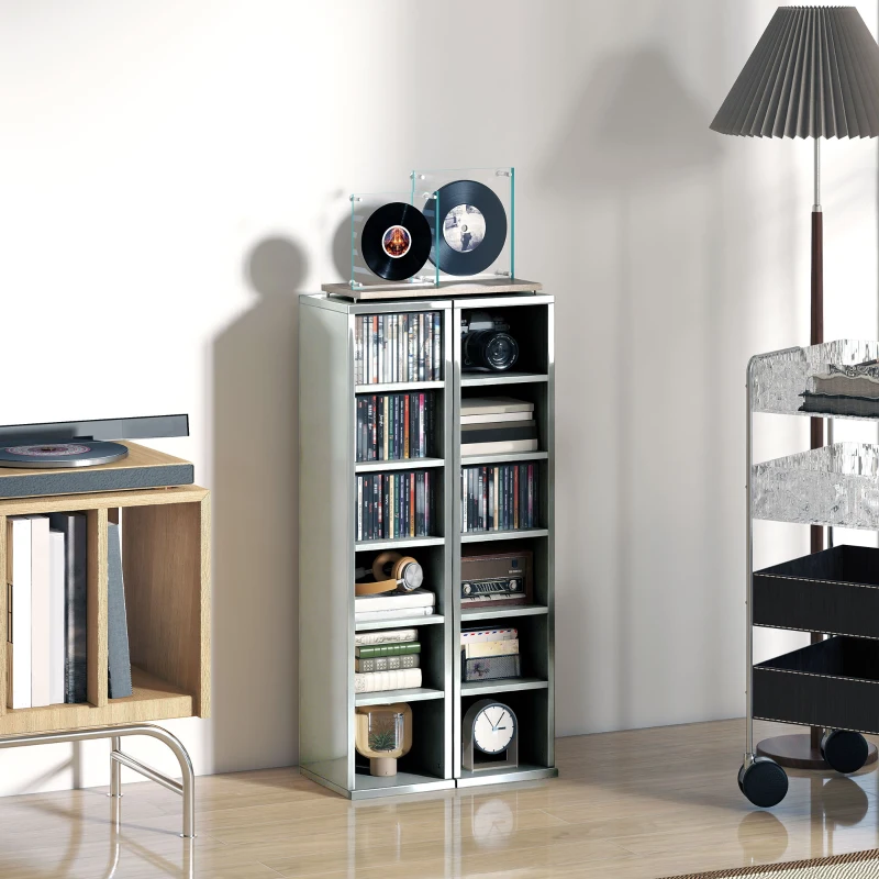 HOMCOM Set of 2 CD Media Display Shelf Unit Tower Rack with Adjustable Shelves, High Gloss Grey