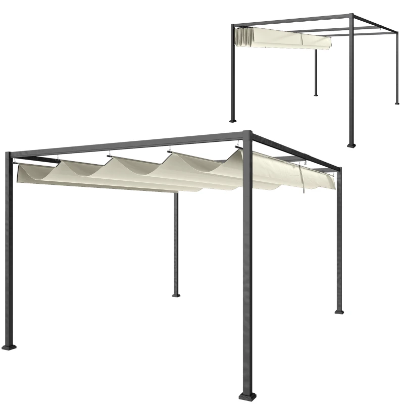 Outsunny 4 x 3(m) Metal Pergola with Retractable Roof, Garden Gazebo Canopy Shelter for Outdoor, Patio, Cream White